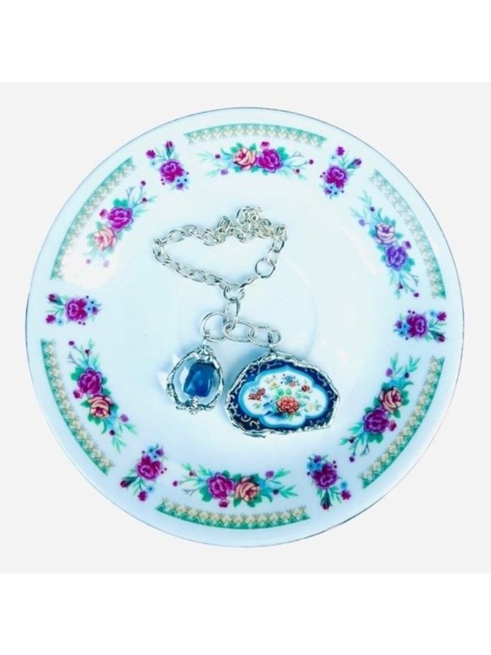 Japanese Fine Bone China Bracelet | Asian Village & Lotus Flower Sodalite Charm - Picture 6 of 16